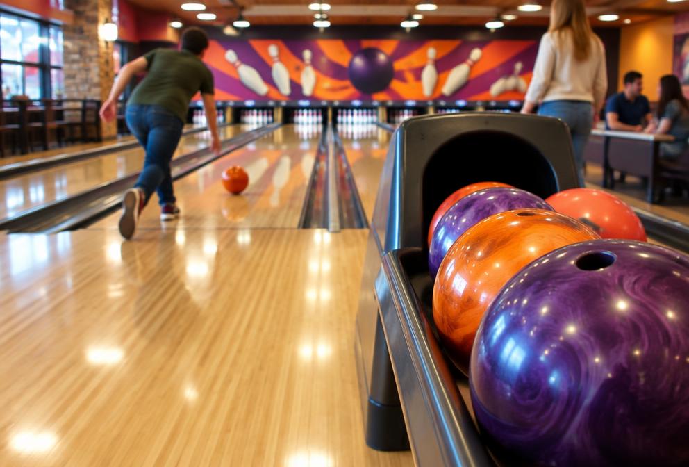 Illustrative colorful bowling balls beside wooden lanes