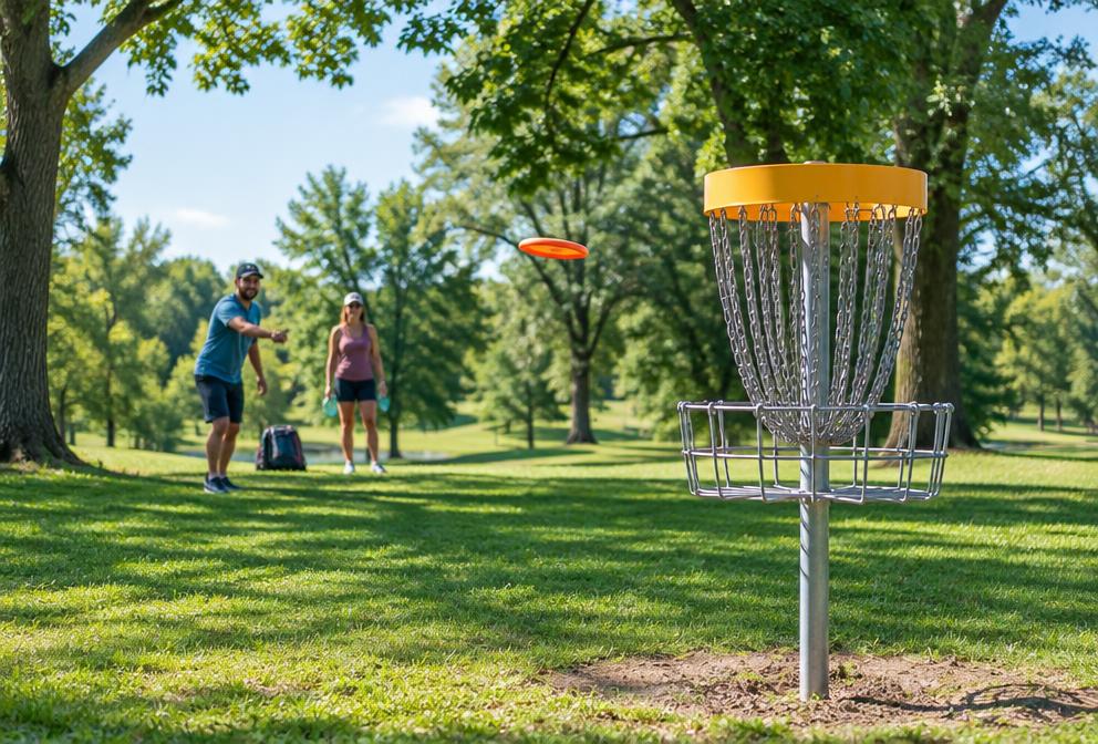 Illustrative disc golf basket and players in a green park