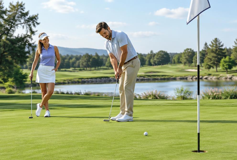 Illustrative friends putting on a sunny golf green