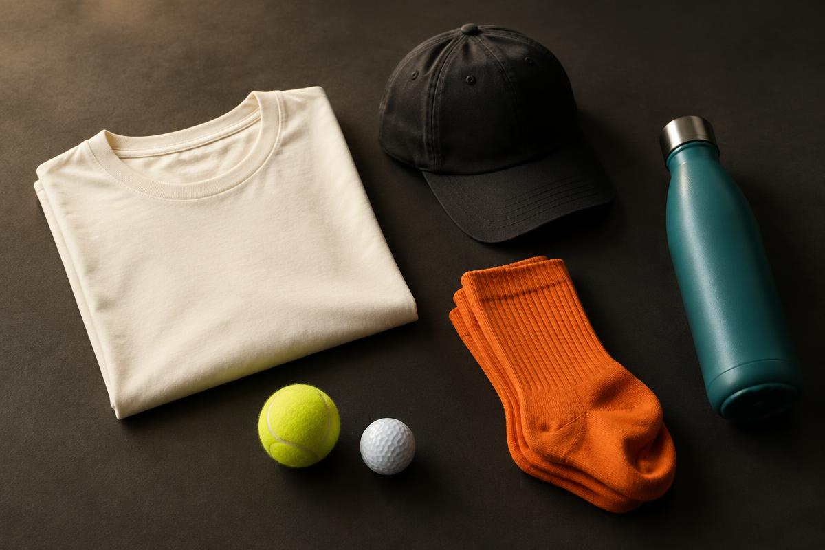 Illustrative merchandise preview: a plain shirt, cap, bottle, and socks; not an available product collection