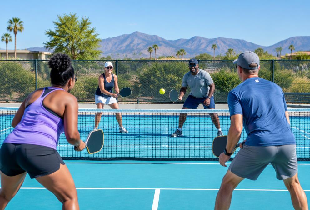 Illustrative doubles pickleball game on an aqua court