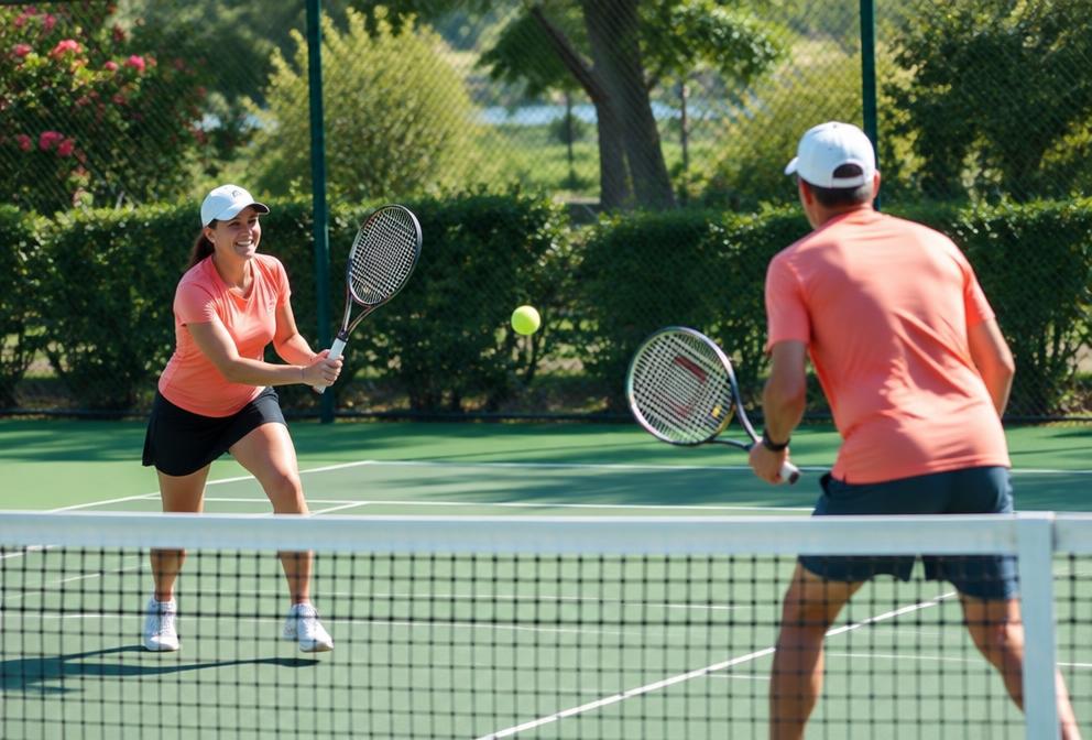 Illustrative tennis players rallying on an outdoor court